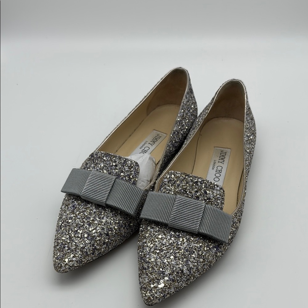 Jimmy Choo Glitter Loafers with Gray Bow